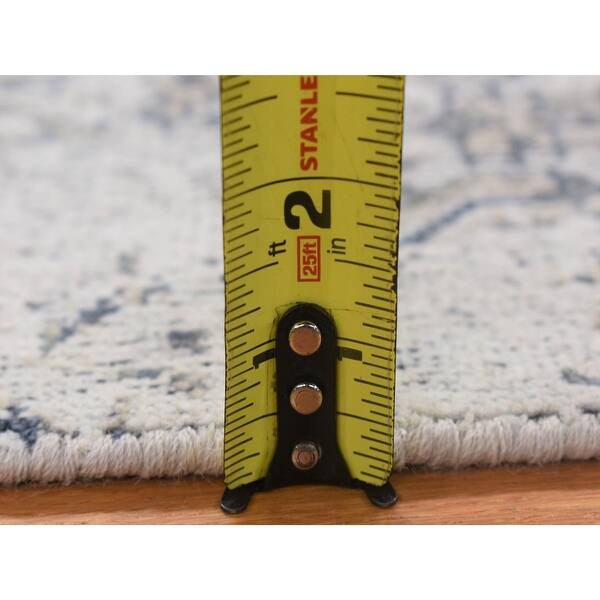 Shahbanu Rugs Ivory Modern Design Hand Knotted Hi and Lo Silk Zero Pile